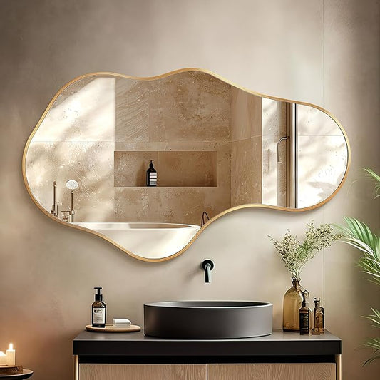 Irregular Wall Mirror - Wall Mirrors Decorative 26"x 43" Asymmetrical Abstract Mirror Aviation Aluminum Alloy Frame Unique for Bathroom, Bedroom, Living Room, Cloakroom, Entryway Gold