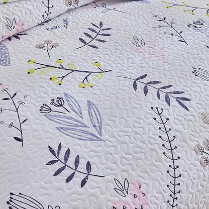 mixinni 3-Piece Quilt Set Flower Leaf Bedspread Lightweight Coverlet Set Garden Style Floral Printed Farmhouse Quilted Bedding Set with Shams for All Season, Queen Size