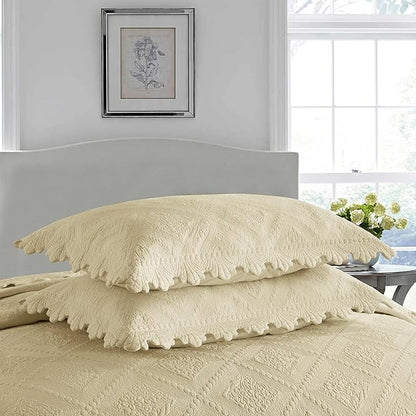 MarCielo 3-Piece 100% Cotton Oversized Bedspread Lightweight Quilt Coverlet Embroidery Farmhouse Bedding Set (Tk Beige Khaki, Oversized Queen (100"x106"))