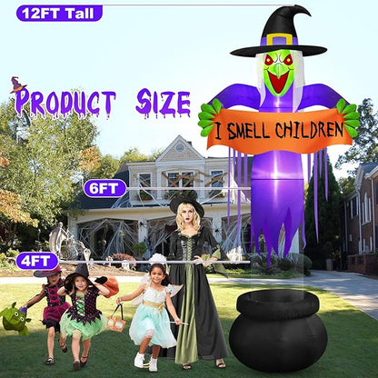 Danxilu 12 FT Giant Halloween Inflatables Witch Decorations Outdoor, Scary Red Eyes Levitating Witch with Cauldron Blow Up Yard Decorations Build-in LED Lights for Holiday Party Halloween Decor