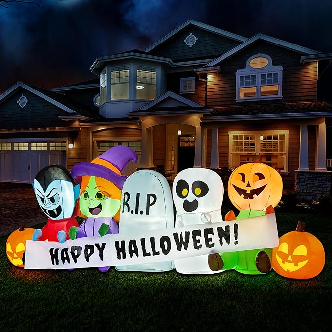 Joiedomi 8 FT Long Inflatable Halloween Decor Outdoor, Halloween Blow Up Decorations Inflatable Pumpkin Ghost Vampire Witch Tombstone with LEDs for Yard Decorations
