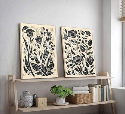 2 Pcs Boho Abstract Floral Canvas Wall Art Modern Minimalist Neutral Beige and Black Floral Botanical Wall Decor Poster Print Artwork for Living Room Bedroom Office Home Decoration
