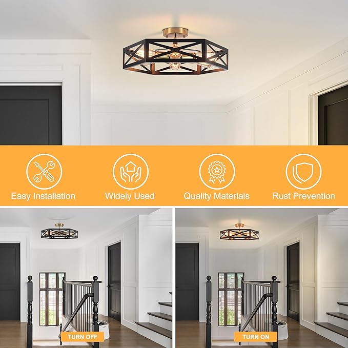 Kitchen Lighting Fixtures Ceiling,Farmhouse Flush Mount Ceiling Light with Metal Cage Modern Black and Gold Hallway Light Fixture Black Ceiling Light for Bedroom Bathroom Foyer 19.6 in