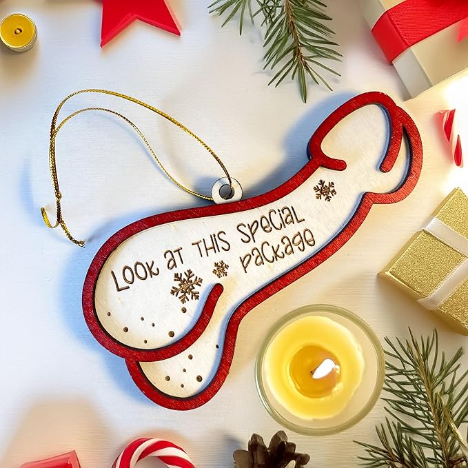 Look at This Special Package Novelty Christmas Ornament - Fun and Quirky Wooden Penis-Shaped Holiday Decoration - Easily Add A Name in Penis-Shaped Ornament with Oil Marker (Marker Not Included)