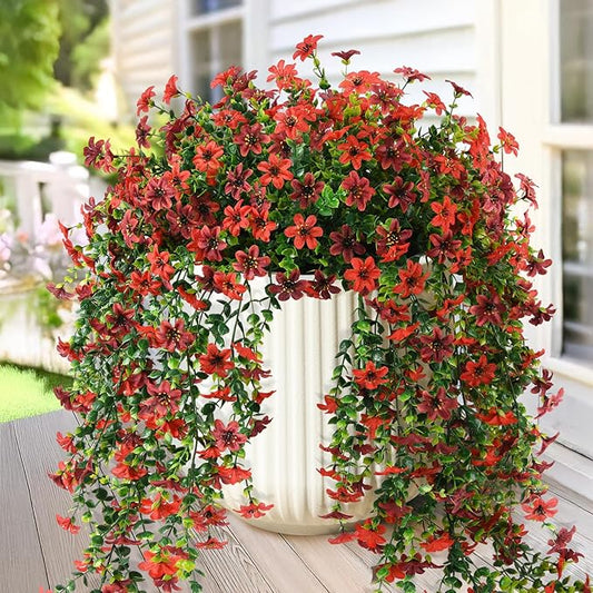 Artificial Hanging Flowers Plants for Outdoor Summer Decoration,2 PCS Faux Silk Daisy with Eucalyptus Leaves,UV Resistant Look Real for Outside Home Indoor Planter Porch Patio Balcony Yard Decor