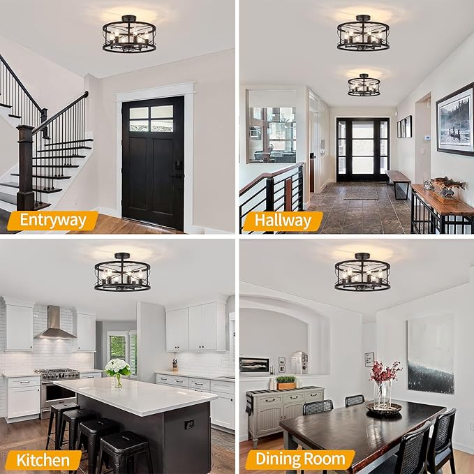 6-Light Black Semi Flush Mount Ceiling Light, 16.93'' Modern Farmhouse Close to Ceiling Light Fixtures, Ceiling Lamp for Hallway Entryway Kitchen Dining Room Living Room Bedroom Lights, UL Listed