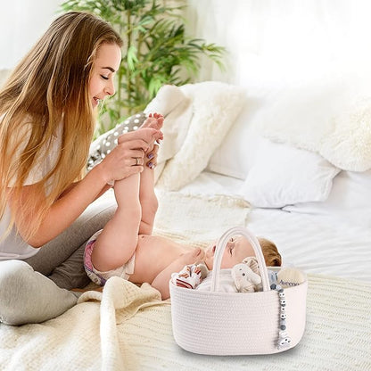 Baby Diaper Caddy Organizer for Girl Boy Cotton Rope Nursery Storage Bin Basket Portable Holder Tote Bag for Changing Table Car Travel Baby Shower Gifts Newborn Essentials Registry Must Haves White