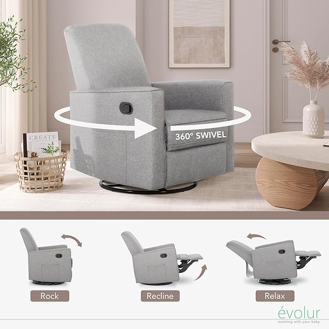 Evolur Raleigh Upholstered Plush Seating Glider Swivel, Rocker, Recliner, Glider for Nursery in Light Grey, Greenguard Gold Certified, Modern Nursery Recliner, Environmentally Conscious Glider