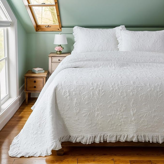 Brandream White Quilt Set Queen Size Cotton Shabby Chic Luxury Ruffle Bedspread Matelasse Coverlet Set 3-Piece