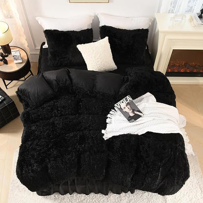 Litanika Black Fluffy Comforter King Size, Luxury Plush Faux Fur Bedding Set for King Bed, Ultra Soft Warm Velvet Fuzzy Comforter 3 Pieces(1 Shaggy Comforter 104×90 Inch, 2 Pillowcases)