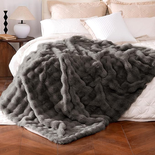 Ultra Soft Cozy Faux Fur Throw Blanket, Fuzzy Plush Thick Bubble Blanket, Oversize Luxury Fluffy Blanket for Couch, Bed, and Living Room, 60x80 Inches, Dark Grey