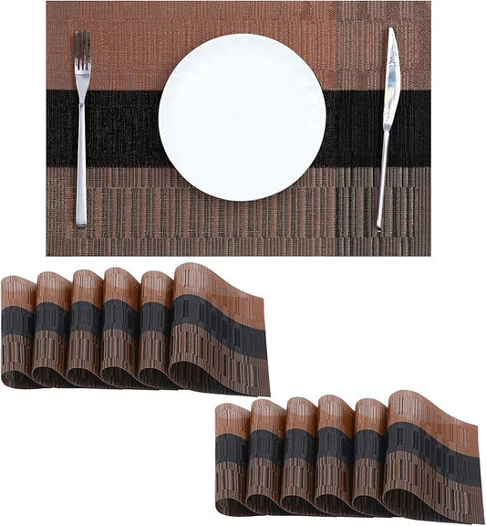 Leetaltree Brown with Black Striped Placemats Set of 12 - Heat Resistant Non-Slip Place mats for Dining Table, Washable Durable PVC Vinyl Woven Table Mats（Brown Stripe, 12）