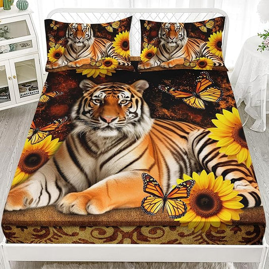 AILONEN Tiger Fitted Sheet Set Queen Size, Vintage Retro Boho Bed Sheet Set Sunflower Butterfly Sheet Set,3 Pieces Printed Teen Boys Tiger Fitted Sheet with 2 Pillowcases