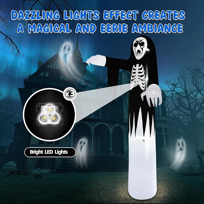 B&D 12FT Giant Halloween Inflatables Outdoor Decorations, Grim Reaper Skull Inflatable Halloween Decorations Built-in LED Lights Scary Blow Up Ghost Decorations for Holiday Party Yard Garden Lawn