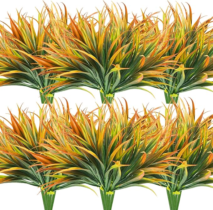 Artificial Fake Grass,12PCS Outdoor Faux Grasses Plastic Plants Greenery UV Resistant for Outside Home Windowbox Garden Office Patio Hanging Planter Front Porch Fall Décor (Yellow)