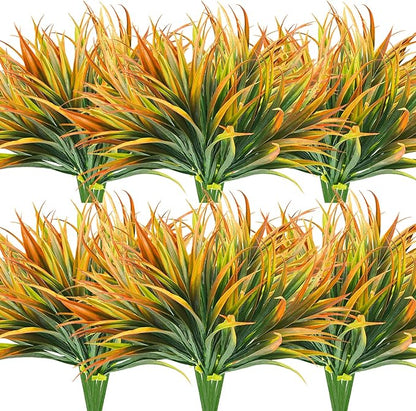 Artificial Fake Grass,12PCS Outdoor Faux Grasses Plastic Plants Greenery UV Resistant for Outside Home Windowbox Garden Office Patio Hanging Planter Front Porch Fall Décor (Yellow)