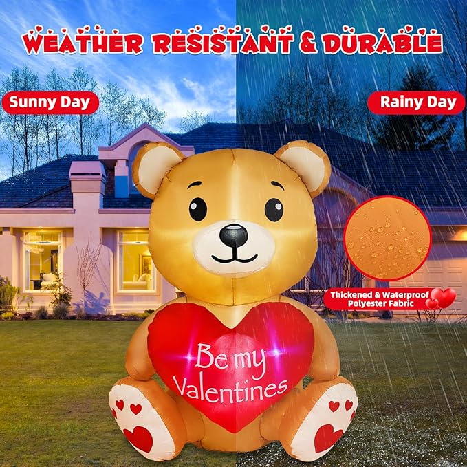 4FT Valentines Day Inflatable Bear Holds Love Heart, Valentines Day Decor Built-in RGB LED Lights, Valentines Gift Blow Up Yard Decoration for Party Anniversary Wedding Propose Garden Lawn