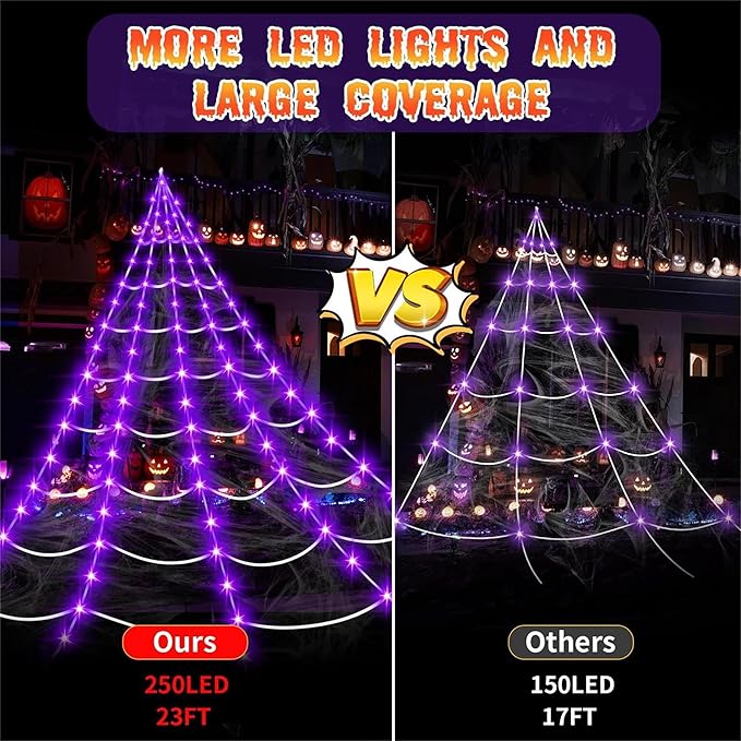 Halloween Decorations Outdoor, 250LED 23x18 FT Giant Spider Web with Purple Lights, Lighted Triangular Black Spider Web with Sturdy Wire, Waterproof, Timer, 8 Modes for Yard Halloween Décor