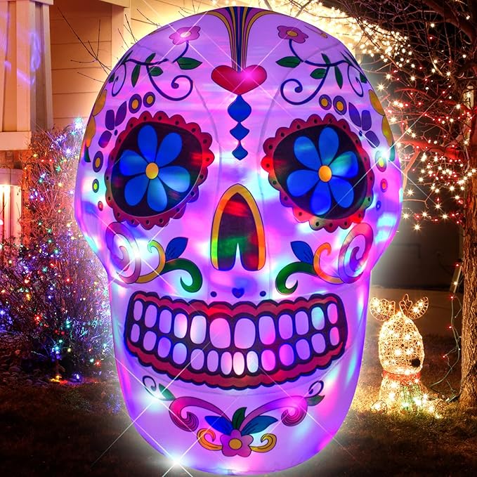 AJY 4 Feet Colorful Skull Halloween Inflatable Skull LED Lights Decor Outdoor Indoor Holiday Decorations Blow up Lighted Yard Decor Lawn Inflatable Home Garden Party Favor Decoration