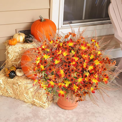 64 Pcs Artificial Fall Flower Outdoor Fake Fall Flowers UV Resistant Faux Fall Eucalyptus Plants for Home Porch Planter Garden Thanksgiving Fall Decor