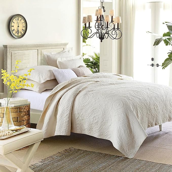 mixinni 3 Piece Quilt Set King Size Bedspread Coverlet Set Beige/Cream Paisley Pattern Quilt Bedding Set, Cotton Lightweight Bed Cover with Pillow Shams for All Seasons-King Size