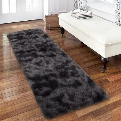 Bedroom Rug 2x6 Runner Rugs Fluffy Shaggy Bedside Hallway Entryway Rugs Soft Plush Floor Carpet for Nursery Kids Room Non Slip Fuzzy Rug Shag Faux Fur Rug for Living Room, Tie Dye Dark Grey