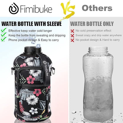 Fimibuke Half Gallon Water Bottle with Sleeve 64 OZ Water Bottle with Handle & Straw Leakproof Motivational Sports Gym Water Bottle with Time Marker BPA Free Water Jug with Reusable Neoprene Holder