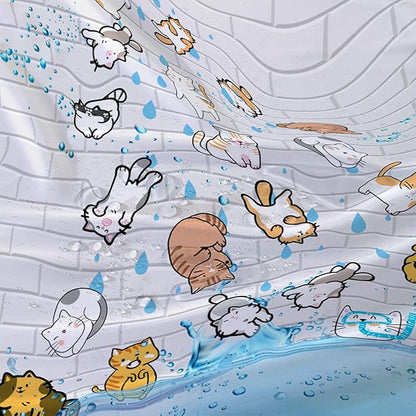 AILONEN Cute Cat Shower Curtain for Kids 72" W*96" H Inch,Colorful Animals Playing Water Kids Lovely Funny Hilarious Shower Curtain,12 Pack Hooks Polyester Waterproof Fabric Decor for Bathroom