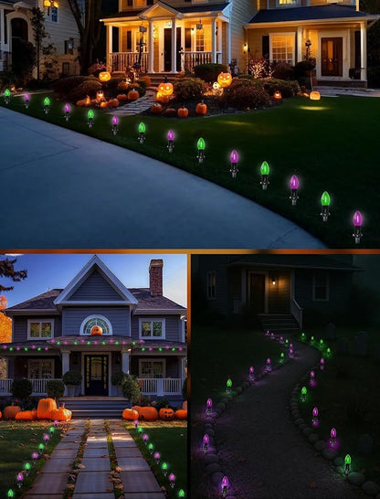 Halloween Stake Lights, 10PK C9 LED Pathway Lights with Purple & Green Bulbs, 19.5ft Outdoor Walkway Lights, Waterproof, Extendable Yard, Driveway, Porch & Garden Halloween Decorations