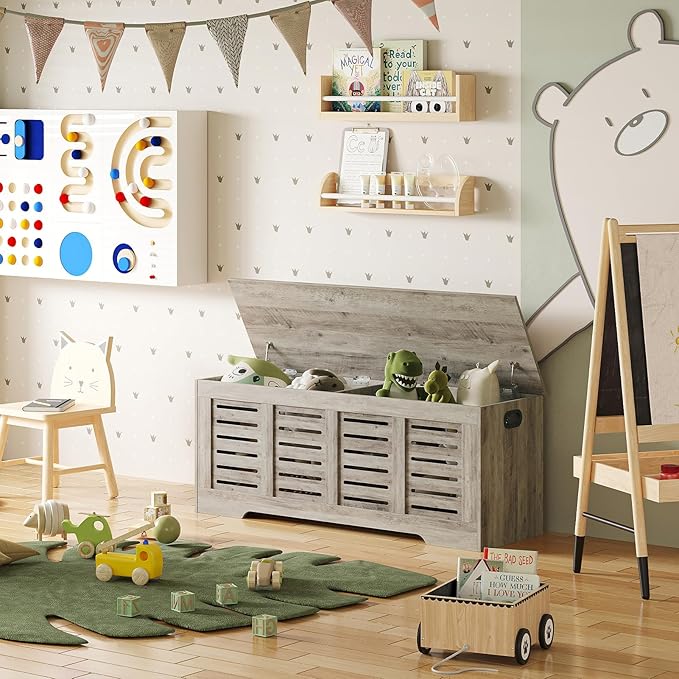 DINZI LVJ Storage Chest, 47.3” Wooden Toy Box with 2 Safety Hinges, Retro Entryway Shoe Storage Bench with Flip-Top, Sturdy Large Storage Trunk for Living Room, Bedroom, Easy Assembly, Gray Wash