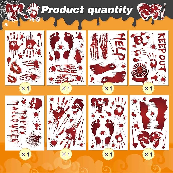 Halloween Wall Stickers, 8 Sheets Bloody Handprint and Footprint Stickers, Scary Halloween Party Decorations, Large Size Door Bathroom Indoor & Outdoor Home Decor