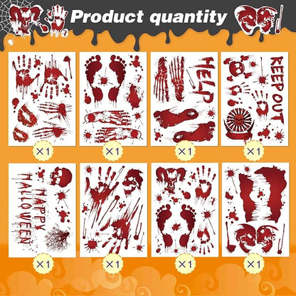 Halloween Wall Stickers, 8 Sheets Bloody Handprint and Footprint Stickers, Scary Halloween Party Decorations, Large Size Door Bathroom Indoor & Outdoor Home Decor