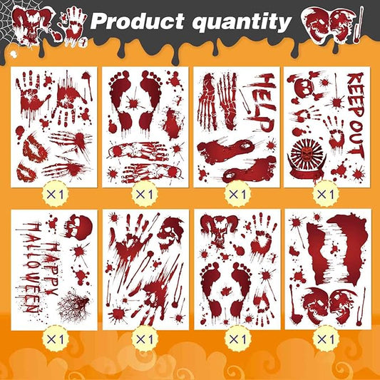 Halloween Wall Stickers, 8 Sheets Bloody Handprint and Footprint Stickers, Scary Halloween Party Decorations, Large Size Door Bathroom Indoor & Outdoor Home Decor
