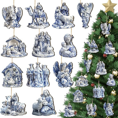 Suzile 36 Pcs Christmas Wooden Ornaments Nativity Scene Tree Decorations Vintage Blue and White Chinoiserie Christian Religion Hanging Decorations for Tree Wreaths Xmas Hanging Wood Cutouts for Home