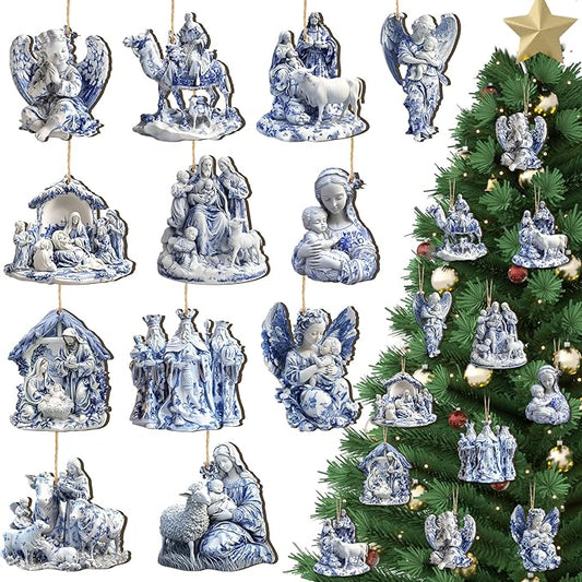 Suzile 36 Pcs Christmas Wooden Ornaments Nativity Scene Tree Decorations Vintage Blue and White Chinoiserie Christian Religion Hanging Decorations for Tree Wreaths Xmas Hanging Wood Cutouts for Home