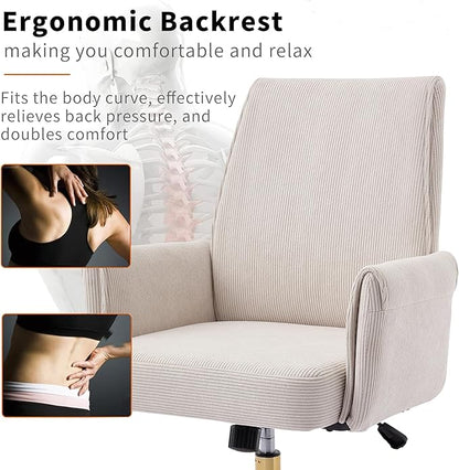 Striped Velvet Office Chair, 360° Swivel Ergonomic Task Chair with High Back, Gold Base and Wheels, Height Adjustable Modern Accent Chair for Home Office, Living Room, Study, Vanity Room (Cream)