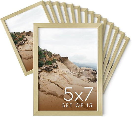 HAUS AND HUES 5x7 Gold Metal Picture Frames - 5X7 Frames Bulk - Features Premium Aluminum, Vertical Hanging, Easel Back for Tabletop, Home, Office (5x7 in, Gold, Set of 15)