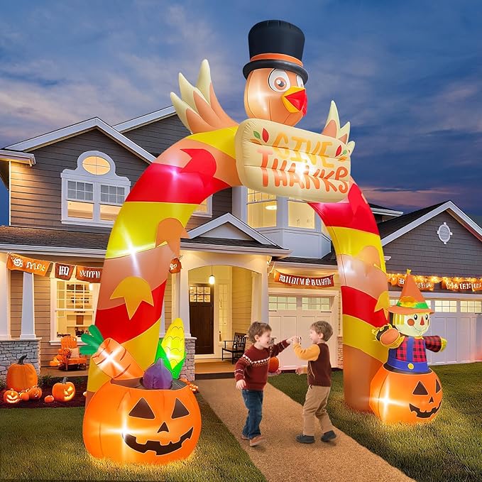 12FT Thanksgiving Inflatable Archway with LED Light, Kalolary Giant Turkey Arch Inflatables Happy Thanksgiving Day Blow up Outdoor Decoartion Autumn Harvest Yard Inflatable for Lawn Holiday Home
