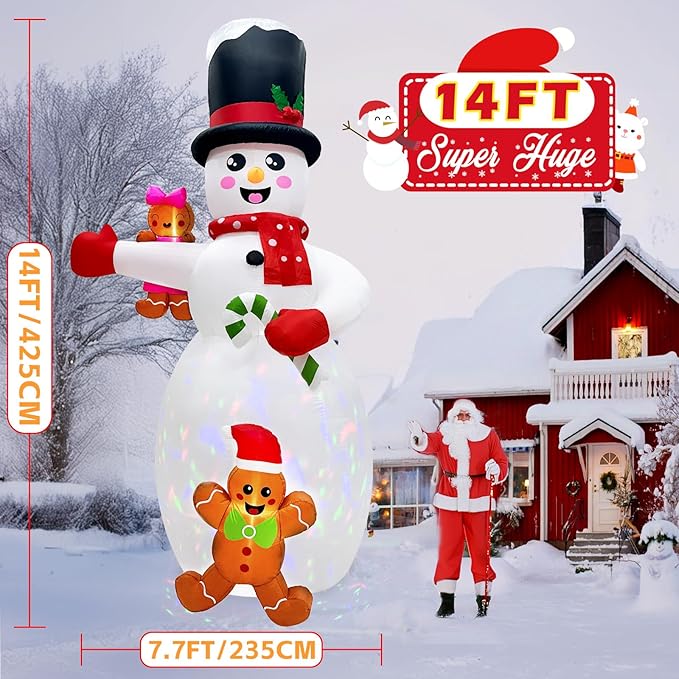 AerWo 14FT Giant Christmas Inflatable Outdoor Decoration, Christmas Blow Ups Yard Decorations Snowman with Gingerbread Man Inflatables, Christmas Inflatables with Rotating LEDs for Lawn Xmas Decor