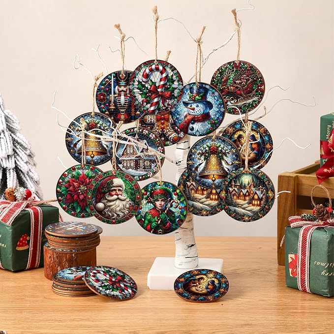 Suzile 36 Pcs Christmas Wooden Ornaments Vintage Christmas Decoration Oil Painting Round Ornaments Retro Santa Claus Gingerbread Man Hanging Decoration for Xmas Farmhouse Home Winter Party