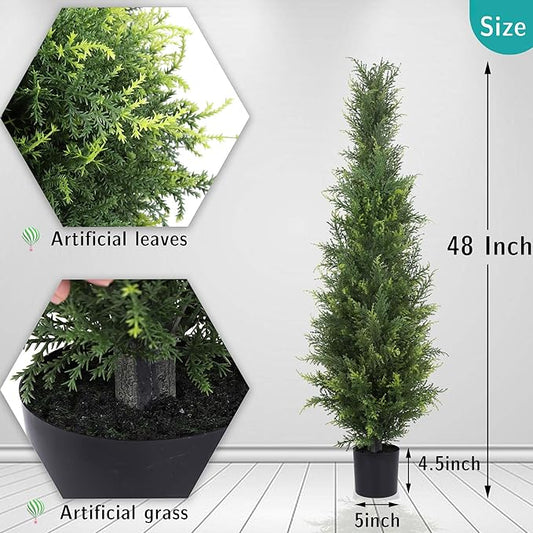 Artificial Cedar Topiary Trees 4FT Potted Fake Cypress Trees Faux Evergreen Plants for Home Porch Garden Decor Set of 2