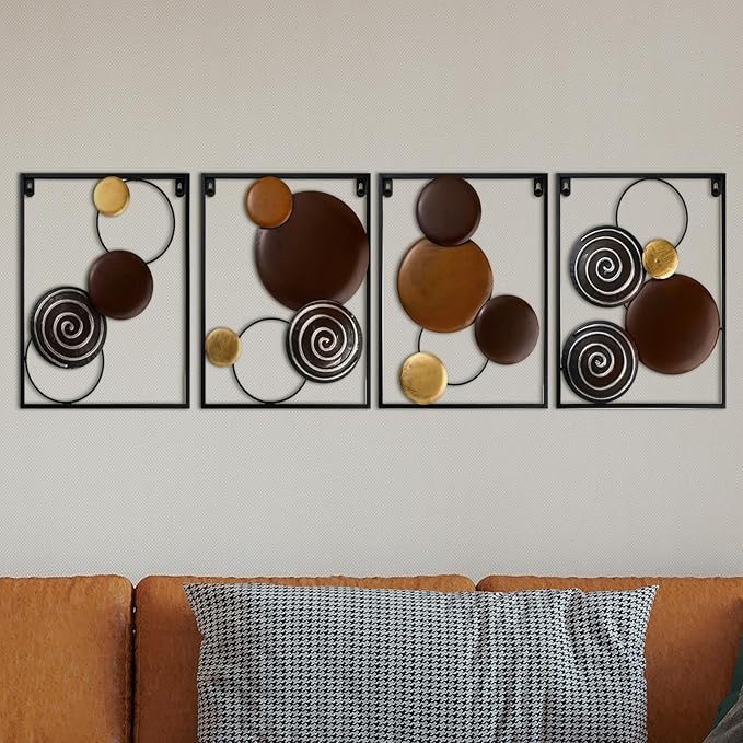 Tandefio 4 Pcs Metal Wall Art Abstract Wall Decoration Tree Branch Sign for Living Room Panels Sculpture Iron Modern Accent Hanging for Home Office(Round Style)