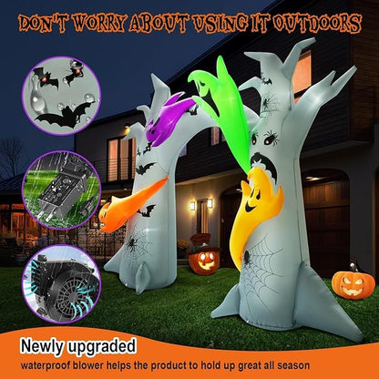 14FT Length X 10FT Tall Halloween Archway Inflatable Tree with 4 Colorful Ghosts, Blow Up Tree Inflatables Arch Built-in 15 Led Lights for Halloween Inflatable Outdoor Decorations