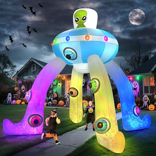 Kalolary 12FT Halloween Inflatables Archway UFO Alien, Giant Alien Arch Inflatable with Build-in Colorful Flashing Lights Scary Halloween Outdoors Blow Up Decoration for Yard Garden Lawn Indoor Decor