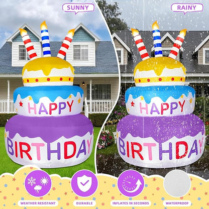 B&D 6FT Happy Birthday Cake Inflatable Decoration, Rotating Cake with Three Colors, Sparkling LED Lights, Eye-catching Outdoor, Indoor Decor for Birthday Party, Holiday, Light Up for Lawn Yard Garden