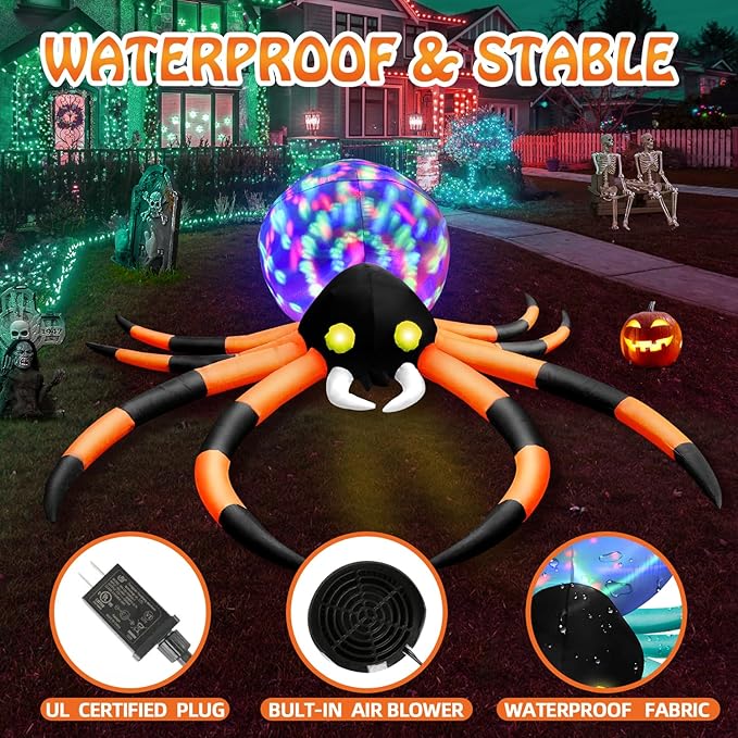 12Ft Halloween Inflatables Spider with 7-Colors Changing LED Lights, Decorations Outdoor Rotating Lights & Glowing Eyes, Large Creepy Props for Yard Garden Decor Orange