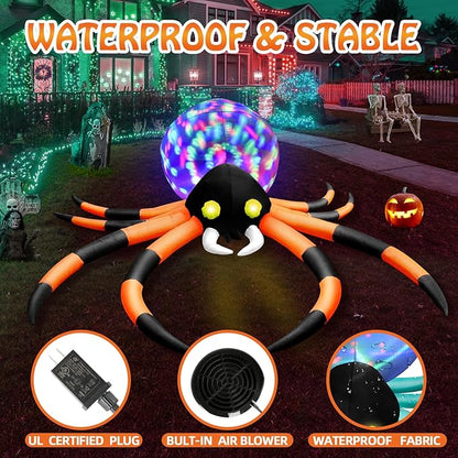 12Ft Halloween Inflatables Spider with 7-Colors Changing LED Lights, Decorations Outdoor Rotating Lights & Glowing Eyes, Large Creepy Props for Yard Garden Decor Orange