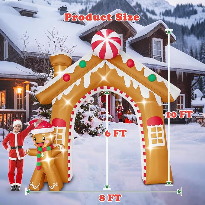 10FT Christmas Inflatable Archway Outdoor Decorations, Giant Blow Up Gingerbread House and Man Arch Yard Decoration, Xmas Decor Build-in LED Lights for Garden Lawn Yard Porch Holiday Party