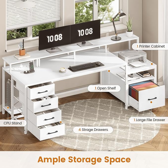 SEDETA White Computer Desk with 5 Drawer & Power Outlet, 75'' Home Office Desk with File Drawer, Storage Shelves, Printer Cabinet and Monitor Shelf, Gaming Desk with Led Lights, 23.6" W Desktop
