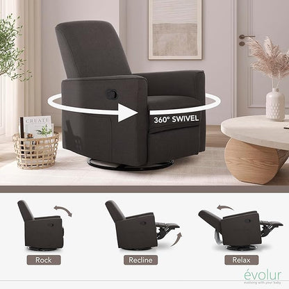 Evolur Raleigh Upholstered Plush Seating Glider Swivel, Rocker, Recliner, Glider for Nursery in Charcoal, Greenguard Gold Certified, Modern Nursery Recliner, Environmentally Conscious Glider
